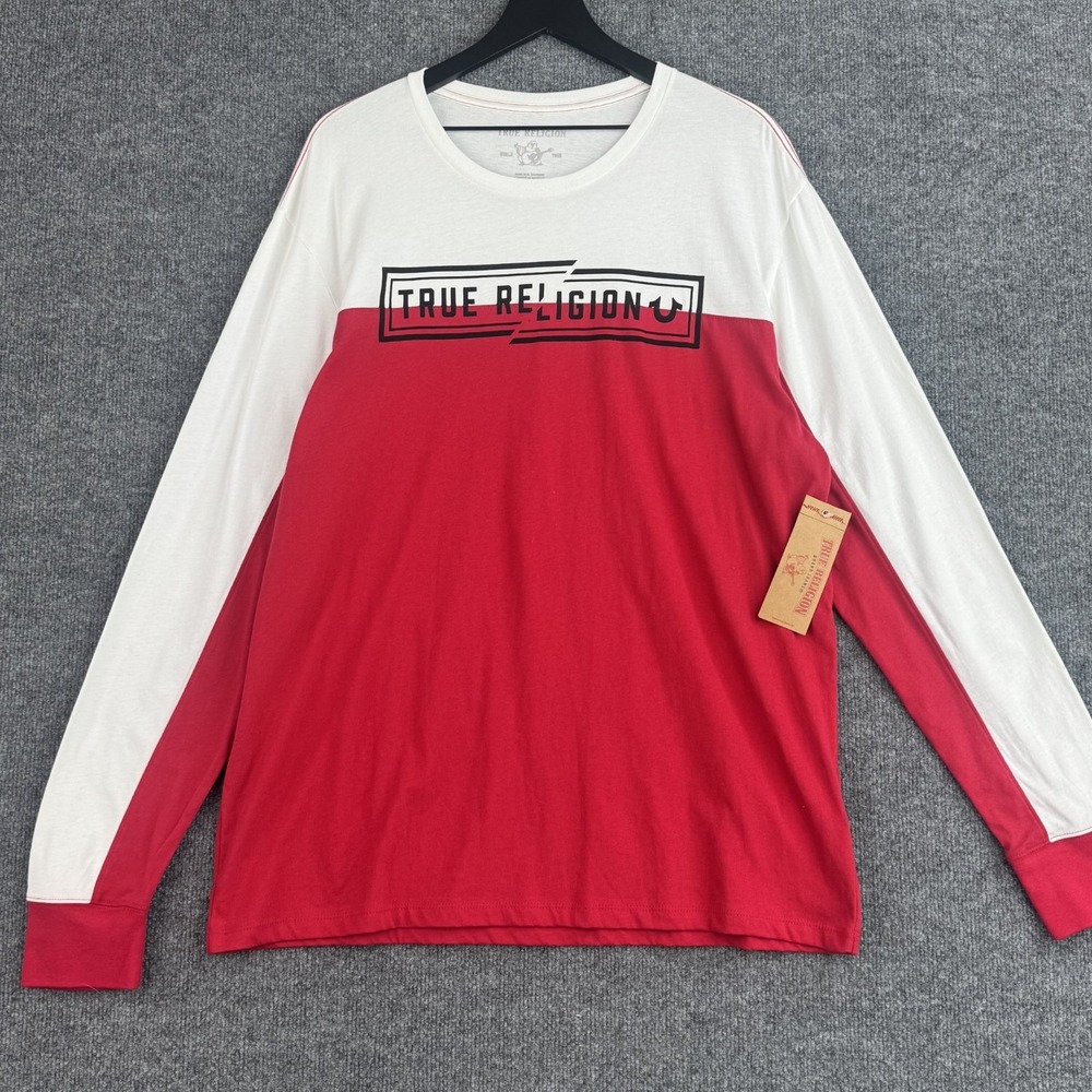True Religion T-Shirt Mens XXL Red White Colorblock Long Sleeve Cotton Logo NWT